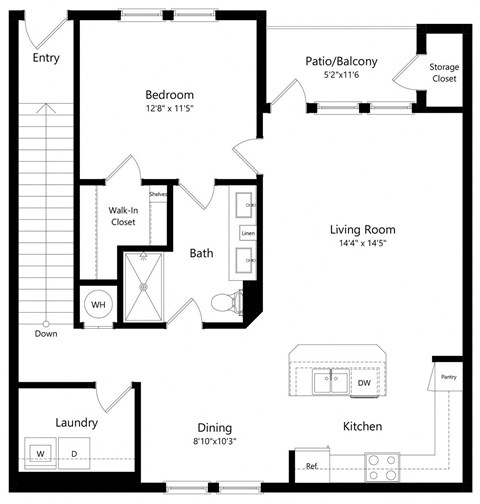 Floor plan for 1 bed, 1 bath, 982 sqft